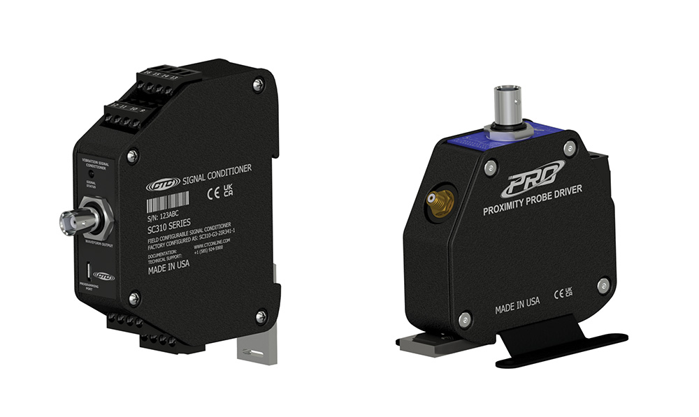 A black SC310 Signal Conditioner with BNC connector and an 8 mm PRO Line Proximity Probe Driver with Voltage Output