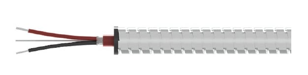 side view of CTC's CB206 red FEP jacketed cable with stainless steel outer armor