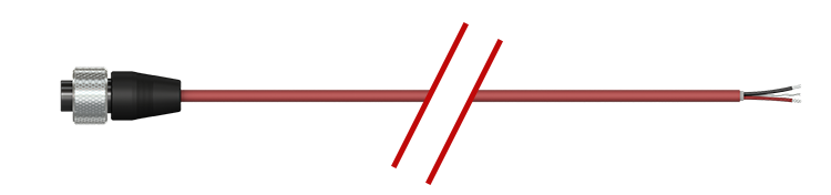 A render of a CTC CB102 red cable with an A2A connector on the left and an L tinned lead connector on the right