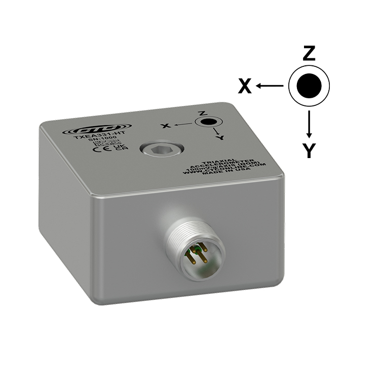 CTC TXEA331-HT stainless steel triaxial sensor with side exit and a diagram depicting the cartesian coordinate configuration of Z axis, X axis, and Y axis