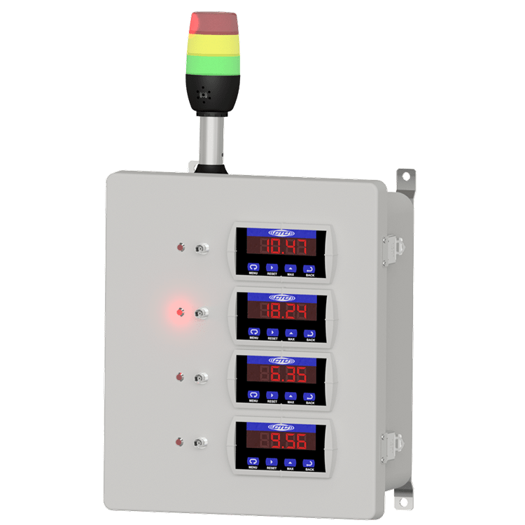 A render of a CTC SCD100 Series Relay and Display Enclosure with optional tri-color stack light.