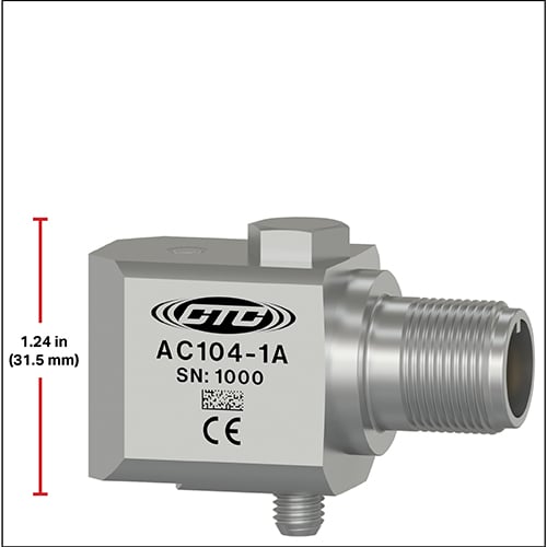 A CTC standard size side exit accelerometer next to a red measurement line showing a height of 1.24 inches (31.5 millimeters)