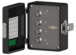 A render of a CTC MX502 mini-MAXX box with 4 enclosed BNC connectors