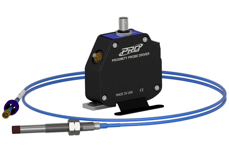 A render of a CTC PRO Line 8 mm proximity probe, driver, and extension cable.