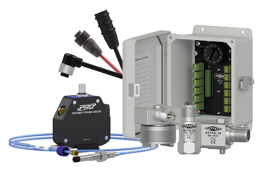 collage of an open junction boxes, cables with connectors, top and side exit accelerometers, and a proximity probe set
