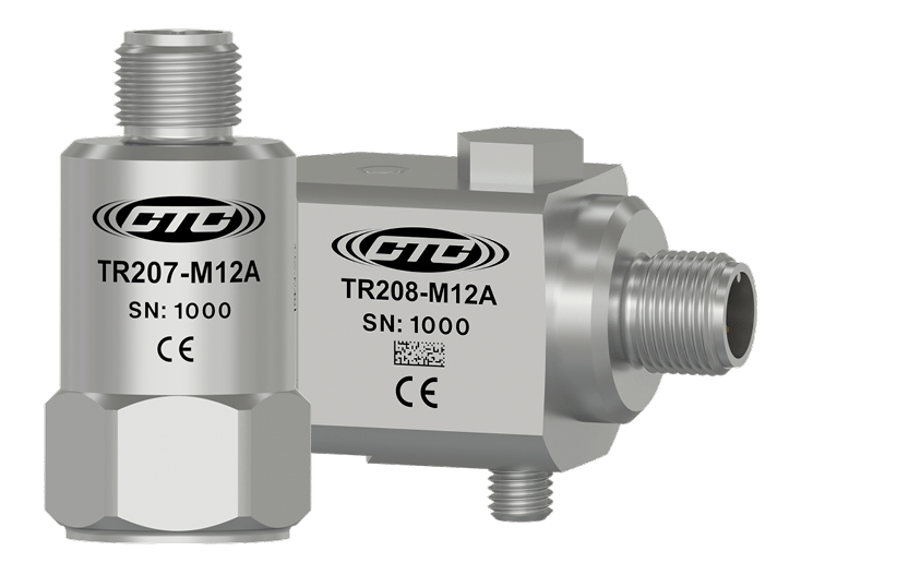 A render of CTC's TR207-M12 and TR208-M12 top and side exit accelerometers