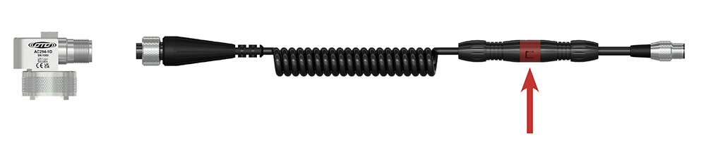 A render of CTC AC294 Compact Side Exit Sensor on a magnetic mounting base, and a CTC industrial cable and connector assembly