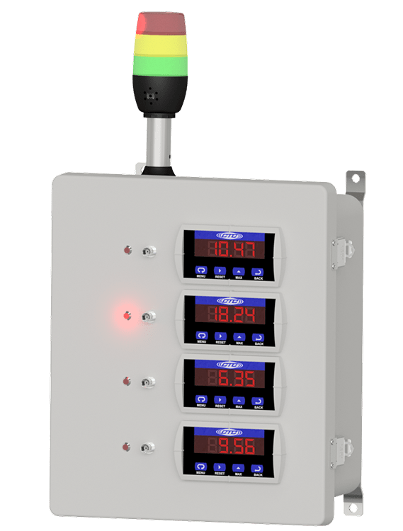 A render of a CTC SCD100 Series relay and display enclosure with red, yellow and green stack light.