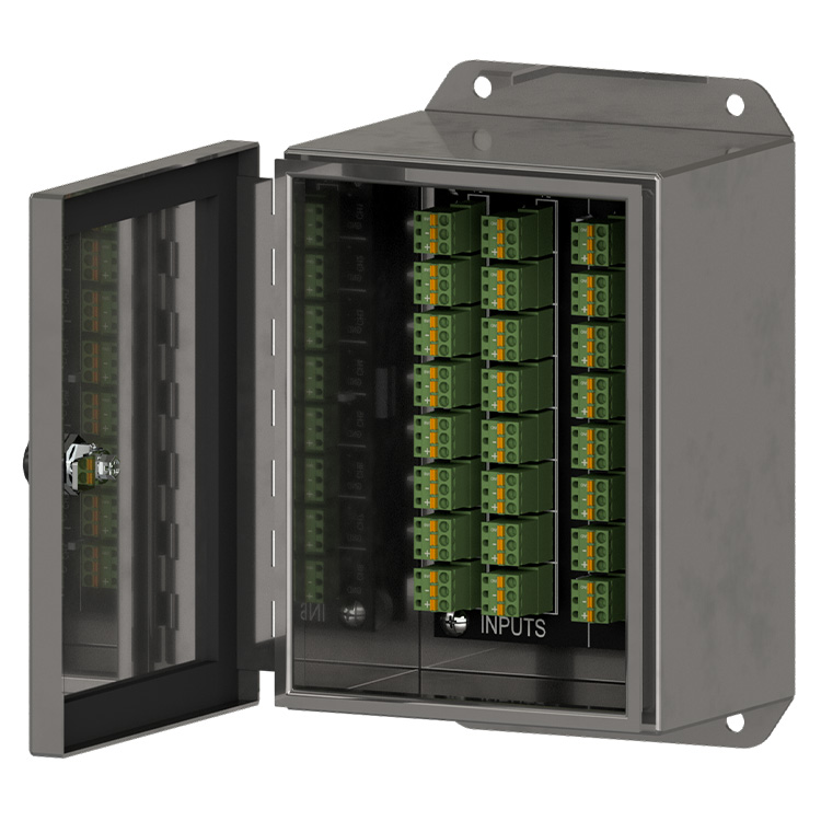 A stainless steel CR202 cable termination box with front panel open showing terminal block plugs.
