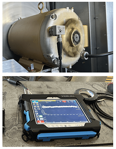 A CTC TREA330 accelerometer magnet mounted on a industrial fan unit, and connected to a data collector.