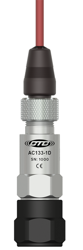 A render of a CTC AC133-1D accelerometer on an MH170-1A mounting pad, with an A2R connector on a CB102 red cable.