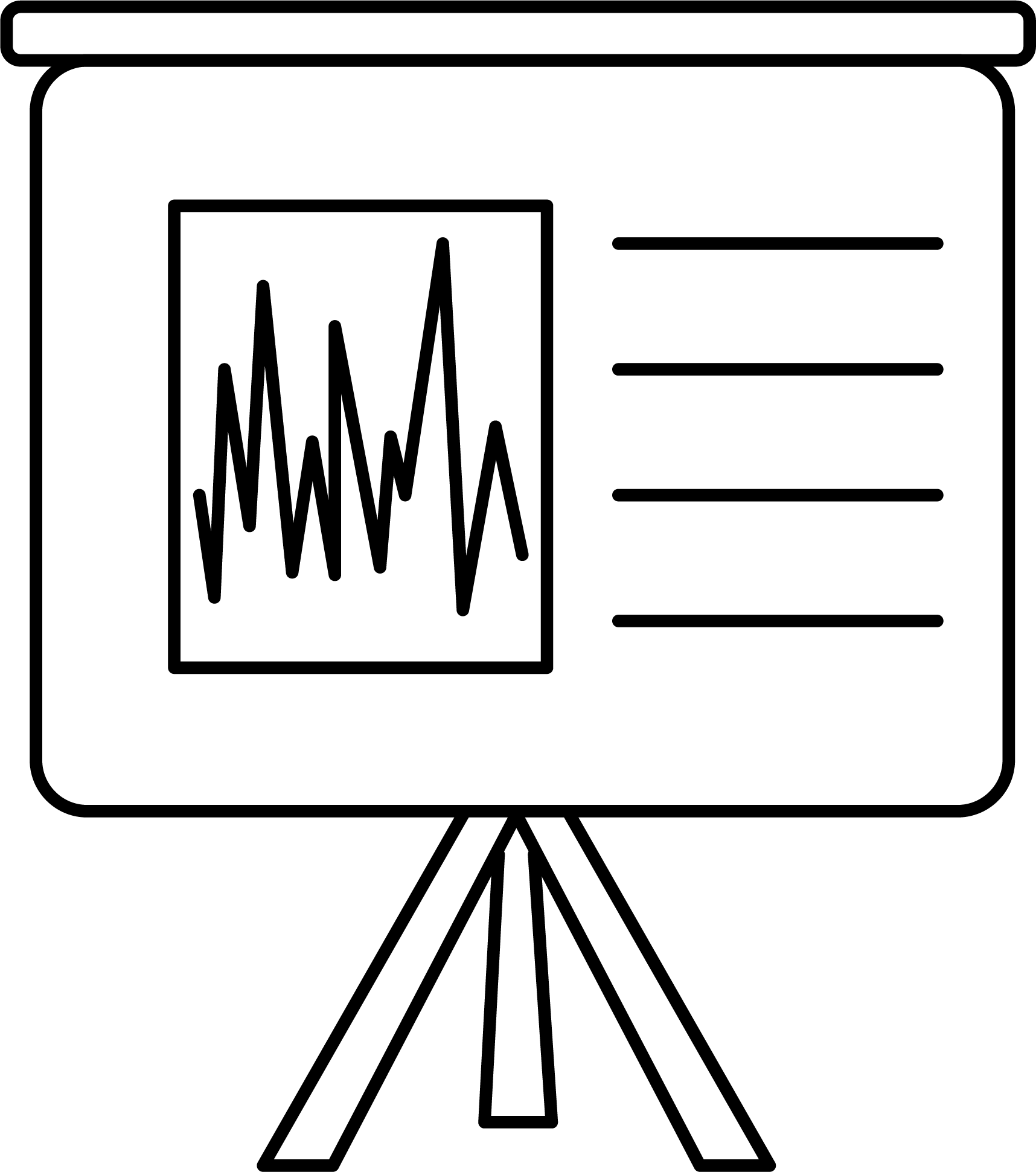 black and white line drawing of a presentation screen with a graph and lines of text on a tripod