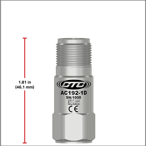AC192-1D compact size top exit accelerometer with a height dimension of 1.81 inches shown.