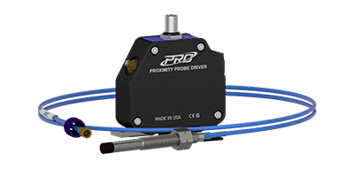 A 8 mm PRO Line proximity probe on a blue cable wrapped around the base of an 8 mm driver.