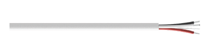 Side view of CTC's CB112 White FEP-Jacketed Industrial Cable with Red, Black, and White Conductors and a grey cable shield drain wire coming out of the right end of the cable