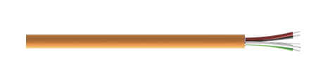 Orange FEP-Jacketed Industrial CB119 Cable with Red, Black, White, and Green Conductors and a Grey Shield Drain Wire coming out of the right side of cable