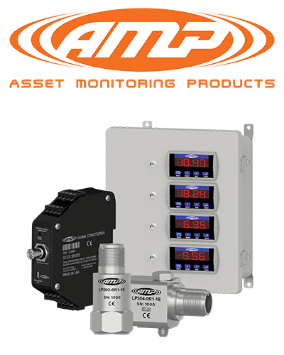 The orange CTC AMP Line Asset Monitoring Products logo above a collage of AMP Line products including SC Series signal conditioner, relay &amp; display enclosure, and 4-20 mA loop power sensors.