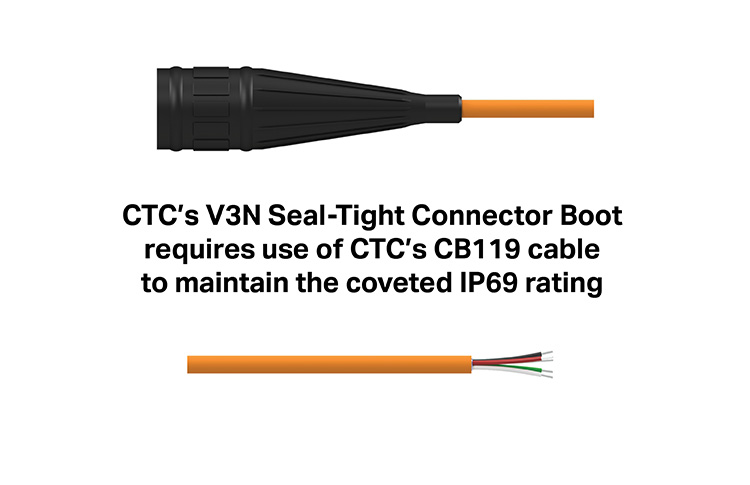 black Viton boot connector on an orange 4 wire cable