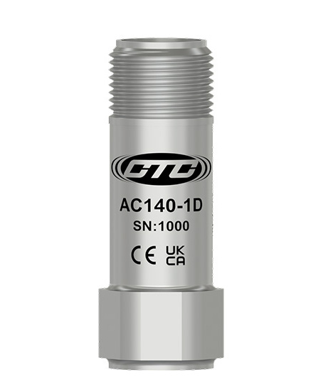 A stainless steel, top exit miniature sized AC140-1D Condition Monitoring Sensors with CE and UKCA certification engravings