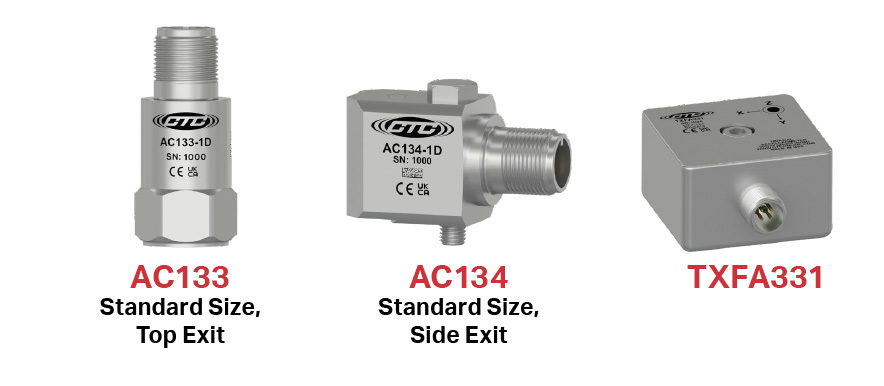 standard size, stainless steel industrial accelerometers in top and side exit configurations, lined up to show size comparison