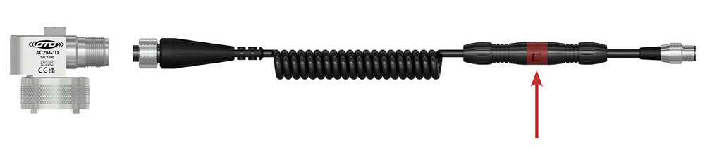 Render of a compact CTC AC294 side exit sensor on a magnetic mounting base, and a CTC industrial cable and connector assembly