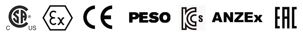 hazardous rating logos - CSA, EX, CE, PESO, IECEx, ANZEx, EAC