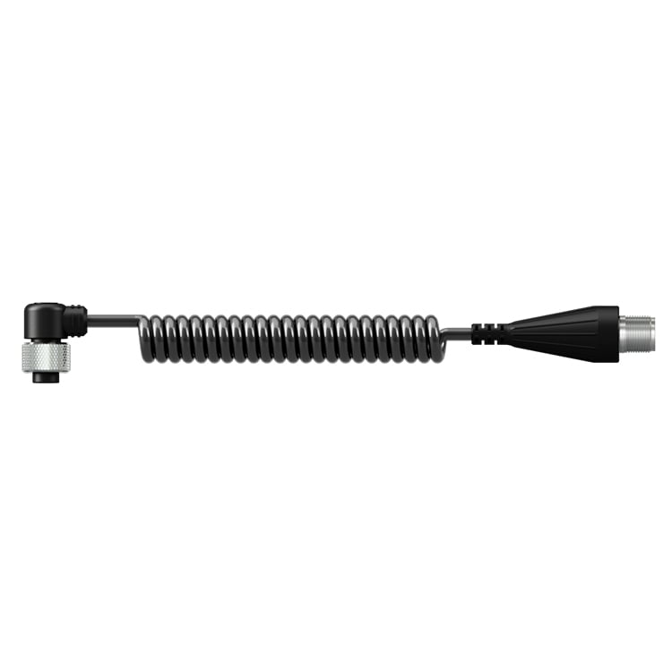 A black coiled cable with a right-angle connector on one end and a molded connector on the other end.