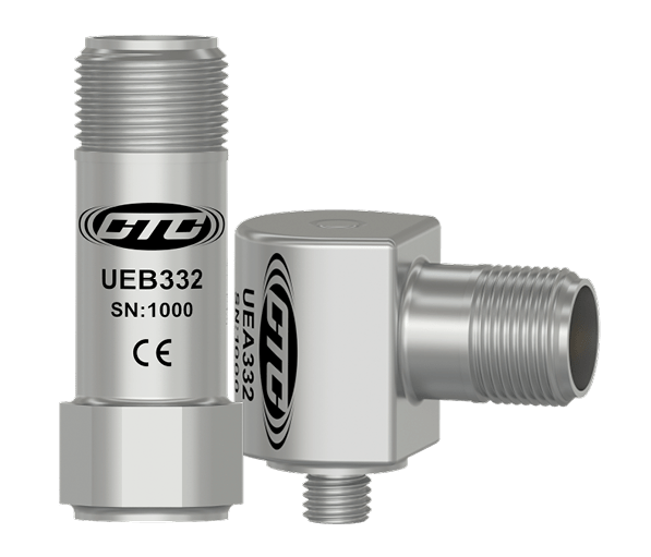 A render of a miniature UEB332 top exit ultrasound sensor and a miniatureUEA332 side exit ultrasound sensor.