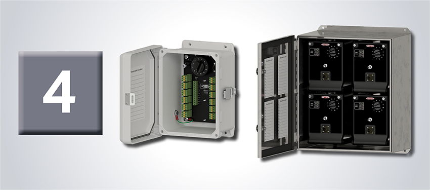 Vibration System Component #4 - an image of a stainless steel, 48-channel Junction Box, and a fiberglass 12-channel switch box.