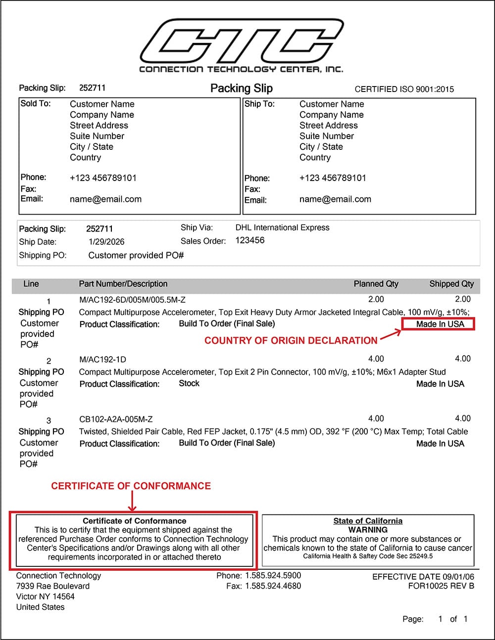 An example CTC Packing Slip