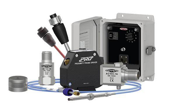 Collage of CTC products including a fiberglass junction box, cables, connectors, side and top exit accelerometers, mounting base, and proximity probe