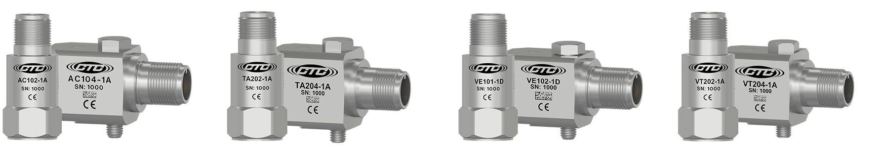 A render of top and side exit AC Series, TA Series, VE Series, and VT Series accelerometers