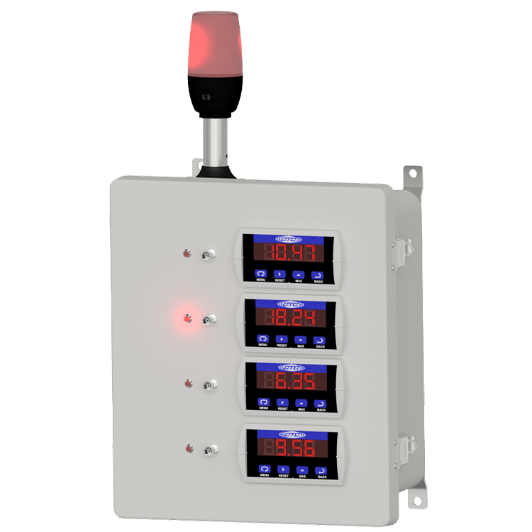 A render of a CTC SCD100 Series Relay and Display Enclosure with optional red stack light