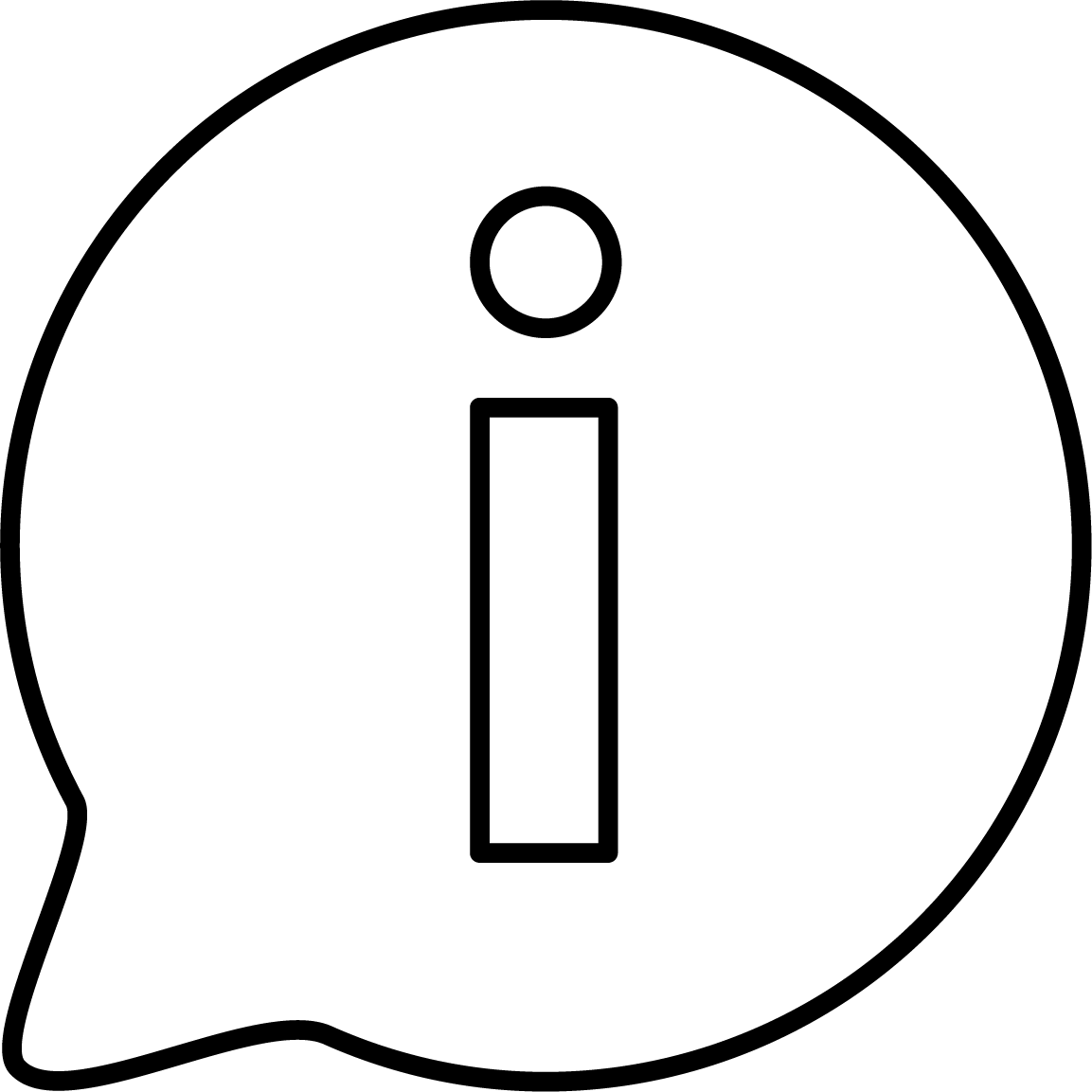 black and white line drawing of a lowercase letter i inside a word bubble