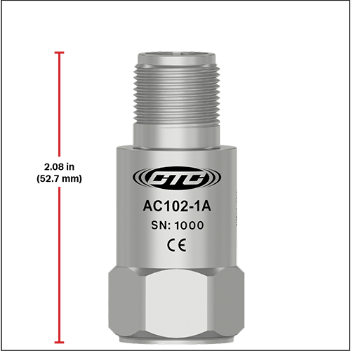 A CTC standard size top exit accelerometer next to a red measurement line showing a height of 2.08 inches (52.7 millimeters)