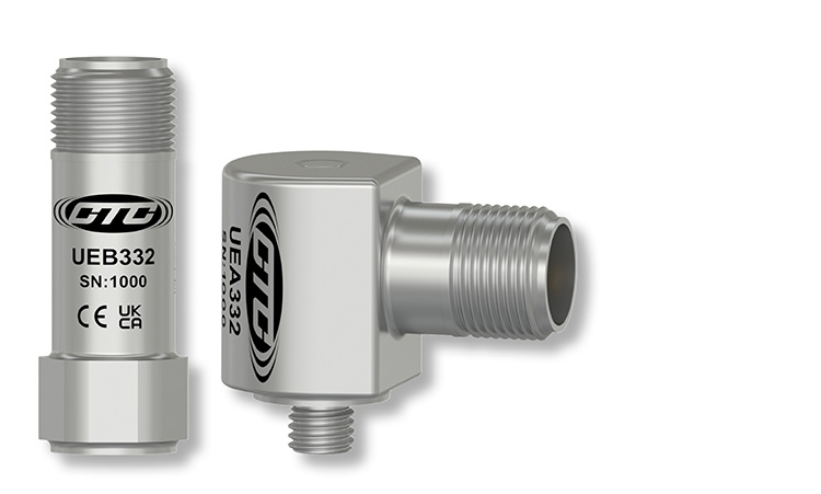 a stainless steel, top exit, miniature size UEB332 ultrasound sensor next to a stainless steel, side exit, miniature size UEA332 ultrasound sensor